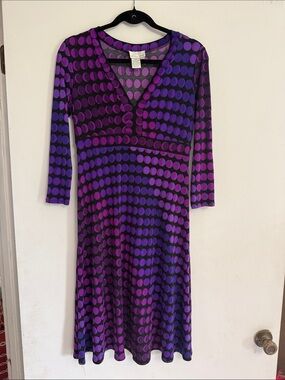 Donna Morgan Purple & Black Polka Dot V-Neck Long Sleeve Dress size 6